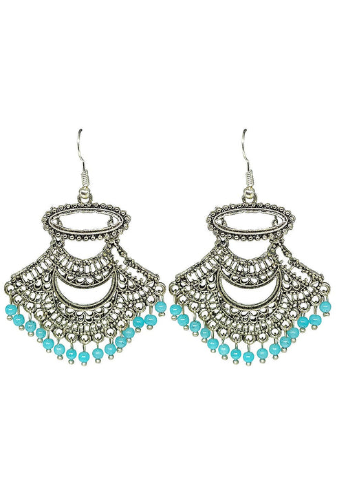 Oxidised Silver Blue Pearls Ethnic Drop Earrings 15g